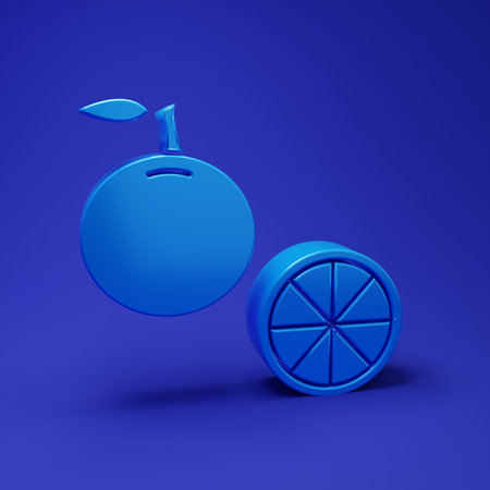Blue Orange fruit icon isolated on blue background. Minimalism concept. 3D render illustration.の写真素材