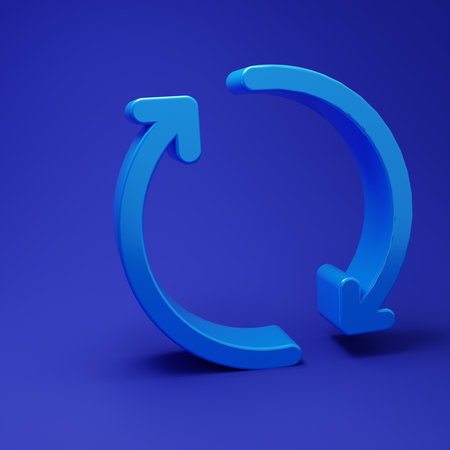 Blue Refresh icon isolated on blue background. Reload symbol. Rotation arrows in a circle sign. Minimalism concept. 3D render illustration.の写真素材