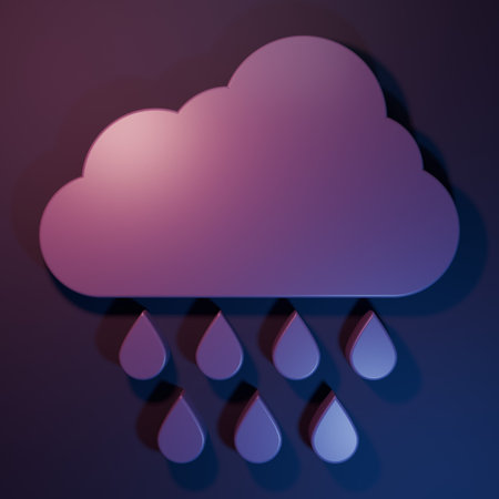 Purple Cloud with rain icon isolated on purple-blue background. Rain cloud precipitation with rain drops. Minimalism concept. 3D render illustration.の写真素材
