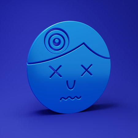 Blue Man having headache, migraine icon isolated on blue background. Minimalism concept. 3D render illustration.の写真素材