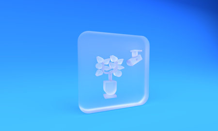 Frosted glass Smart farming technology - farm automation system in app icon isolated on blue background. Square frosted glass button. 3D render illustration.の写真素材