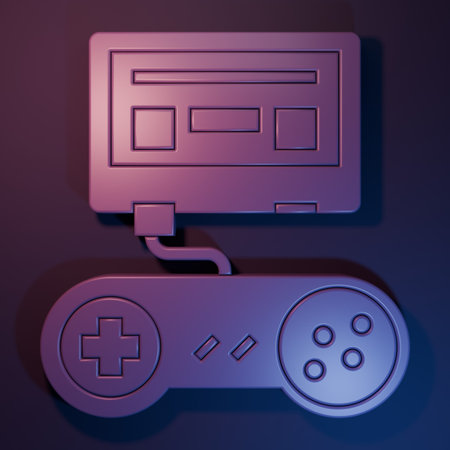 Purple Video game console with joystick icon isolated on purple-blue background. Minimalism concept. 3D render illustration.の写真素材