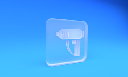 Frosted glass Electric industrial dryer icon isolated on blue background. Square frosted glass...
