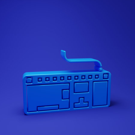 Blue Computer keyboard icon isolated on blue background. PC component sign. Minimalism concept. 3D render illustration.の写真素材