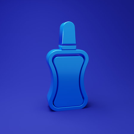 Blue Nail polish bottle icon isolated on blue background. Minimalism concept. 3D render illustration.の写真素材