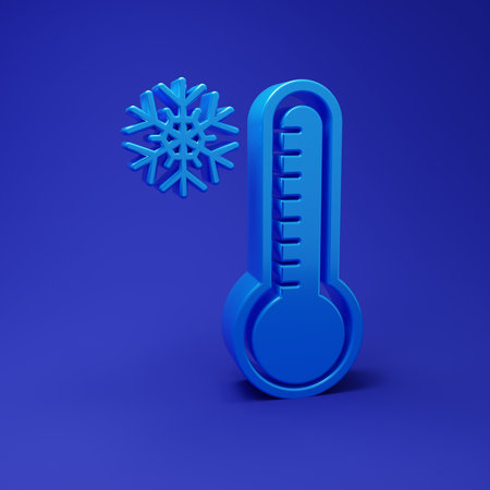 Blue Meteorology thermometer measuring heat and cold icon isolated on blue background. Thermometer equipment showing hot or cold weather. Minimalism concept. 3D render illustration.の写真素材