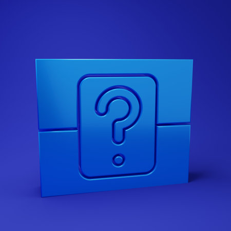 Blue Mystery box or random loot box for games icon isolated on blue background. Question box. Minimalism concept. 3D render illustration.の写真素材