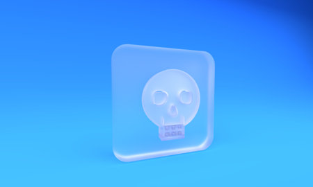 Frosted glass Skull icon isolated on blue background. Happy Halloween party. Square frosted glass button. 3D render illustration.の写真素材