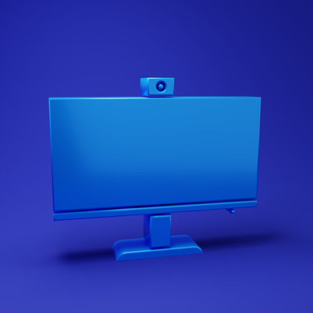 Blue Computer monitor icon isolated on blue background. PC component sign. Minimalism concept. 3D render illustration.の写真素材