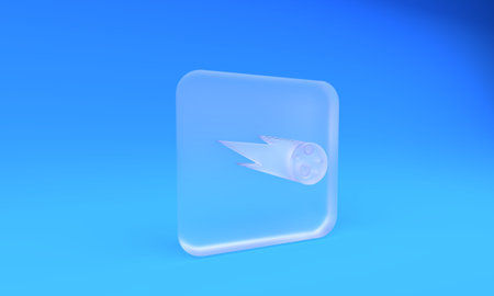 Frosted glass Comet falling down fast icon isolated on blue background. Square frosted glass button. 3D render illustration.の写真素材