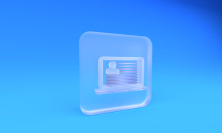 Frosted glass Laptop with resume icon isolated on blue background. CV application. Searching professional staff. Analyzing personnel resume. Square frosted glass button. 3D render illustration.の写真素材