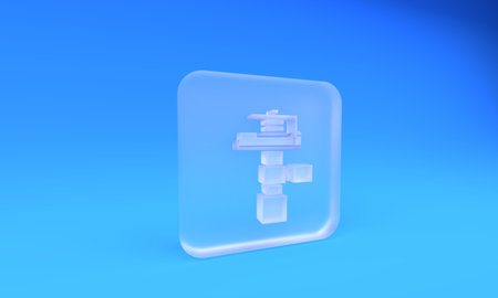 Frosted glass Automatic irrigation sprinklers icon isolated on blue background. Watering equipment. Garden element. Spray gun icon. Square frosted glass button. 3D render illustration.の写真素材