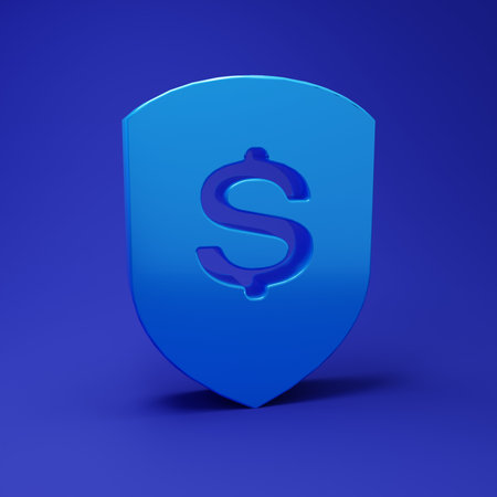 Blue Shield and dollar icon isolated on blue background. Security shield protection. Money security concept. Minimalism concept. 3D render illustration.の写真素材
