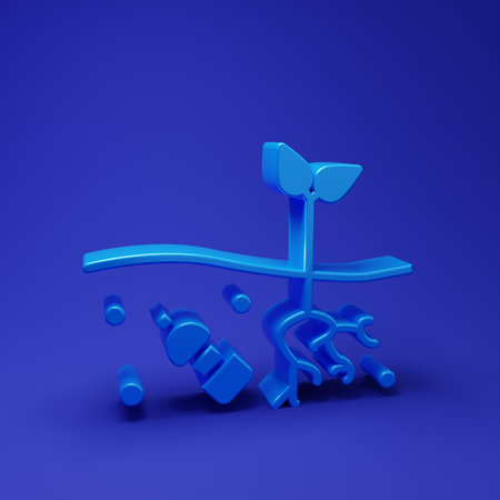 Blue The problem of pollution of the planet icon isolated on blue background. The garbage, plastic, bags on the planet. Minimalism concept. 3D render illustration.の写真素材