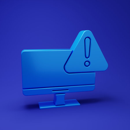 Blue Computer monitor with exclamation mark icon isolated on blue background. Alert message smartphone notification. Minimalism concept. 3D render illustration.の写真素材