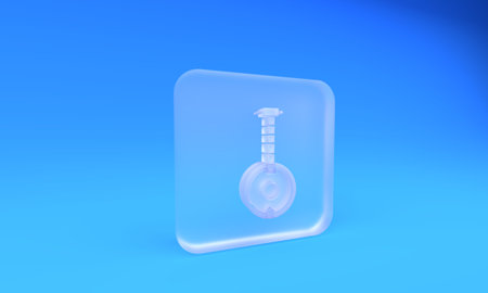 Frosted glass Banjo icon isolated on blue background. Musical instrument. Square frosted glass button. 3D render illustration.の写真素材