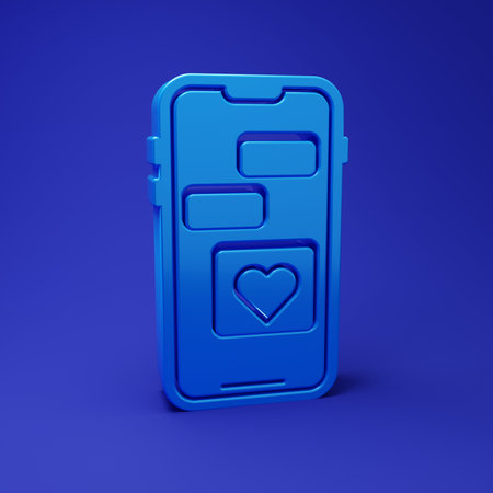 Blue Mobile phone with heart icon isolated on blue background. Valentines day. Minimalism concept. 3D render illustration.の写真素材