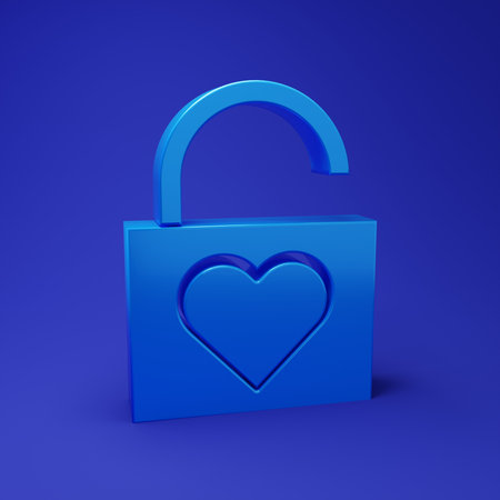 Blue Lock and heart icon isolated on blue background. Locked Heart. Love symbol and keyhole sign. Valentines day symbol. Minimalism concept. 3D render illustration.の写真素材