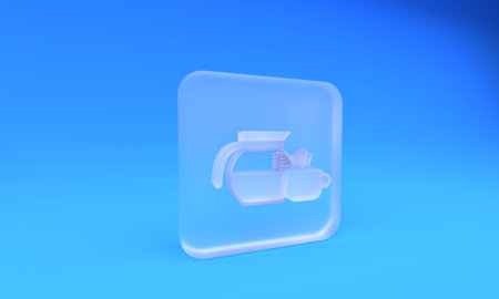 Frosted glass Coffee pot with cup icon isolated on blue background. Square frosted glass button. 3D render illustration.の写真素材