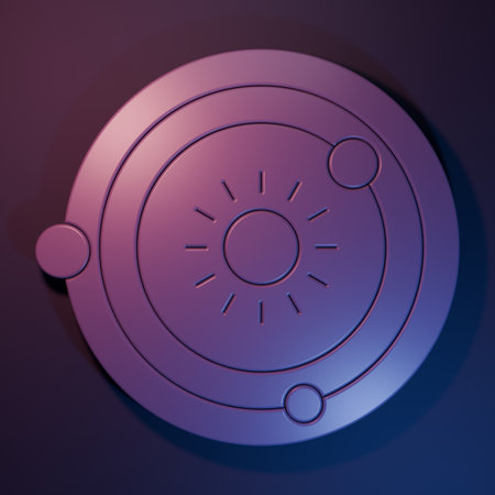 Purple Solar system icon isolated on purple-blue background. The planets revolve around the star. Minimalism concept. 3D render illustration.の写真素材