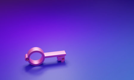 Pink Ancient key for game icon isolated on purple-blue background. Minimalism concept. 3D render illustration.の写真素材