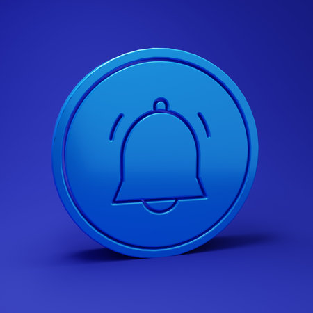 Blue Circle button and chat notification icon isolated on blue background. New message, dialog, chat, social network notification. Minimalism concept. 3D render illustration.の写真素材