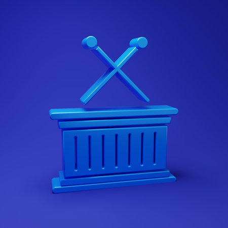 Blue Musical instrument drum and drum sticks icon isolated on blue background. Minimalism concept. 3D render illustration.の写真素材