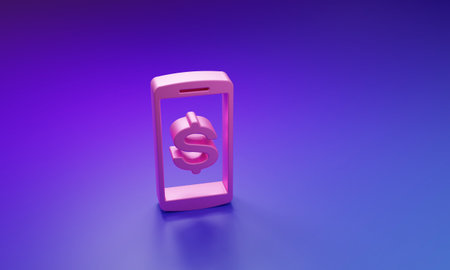 Pink Smartphone with dollar symbol icon isolated on purple-blue background. Online shopping concept. Financial mobile phone. Online payment. Minimalism concept. 3D render illustration.の写真素材