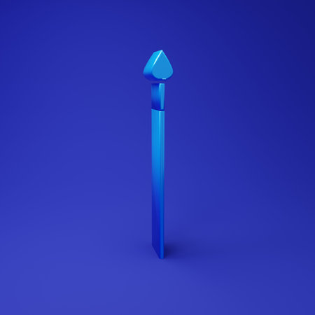 Blue Medieval spear icon isolated on blue background. Medieval weapon. Minimalism concept. 3D render illustration.の写真素材