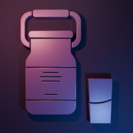 Purple Can container for milk and glass icon isolated on purple-blue background. Minimalism concept. 3D render illustration.の写真素材