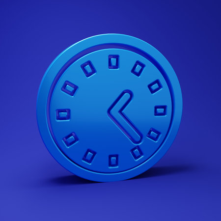 Blue Clock icon isolated on blue background. Time symbol. Minimalism concept. 3D render illustration.の写真素材
