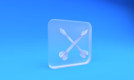 Frosted glass Medieval crossed arrows icon isolated on blue background. Medieval weapon. Square frosted glass button. 3D render illustration.の写真素材
