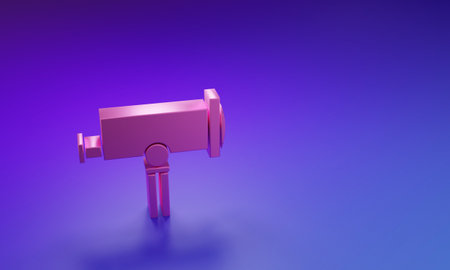 Pink Telescope icon isolated on purple-blue background. scientific tool. Education and astronomy element, spyglass and study stars. Minimalism concept. 3D render illustration.の写真素材