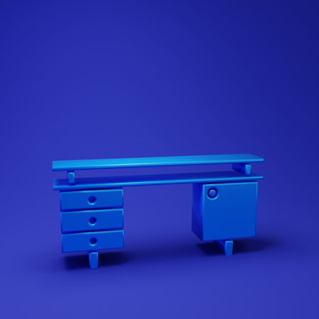 Blue Office desk icon isolated on blue background. Minimalism concept. 3D render illustration.の写真素材