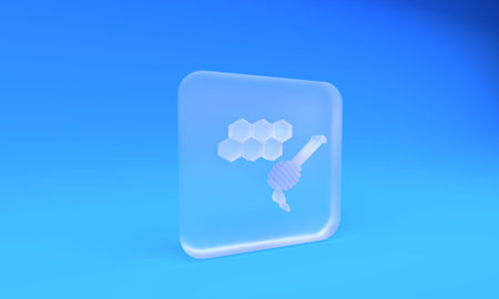 Frosted glass Honeycomb with honey dipper stick icon isolated on blue background. Honey ladle. Honey cells symbol. Sweet natural food. Square frosted glass button. 3D render illustration.の写真素材