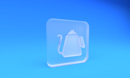 Frosted glass Kettle with handle icon isolated on blue background. Teapot icon. Square frosted glass button. 3D render illustration.の写真素材