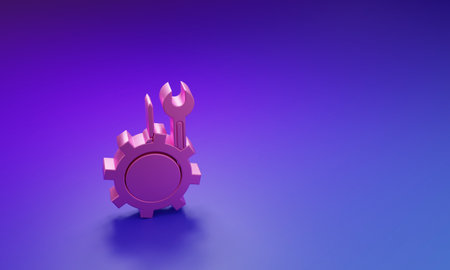 Pink Wrench and screwdriver in gear icon isolated on purple-blue background. Adjusting, service, setting, maintenance, repair, fixing. Minimalism concept. 3D render illustration.の写真素材