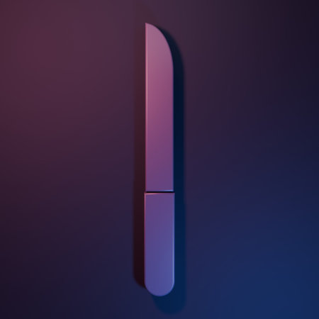 Purple Knife icon isolated on purple-blue background. Cutlery symbol. Minimalism concept. 3D render illustration.の写真素材