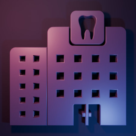 Purple Dental clinic icon isolated on purple-blue background. Dentistry center symbol. Minimalism concept. 3D render illustration.の写真素材
