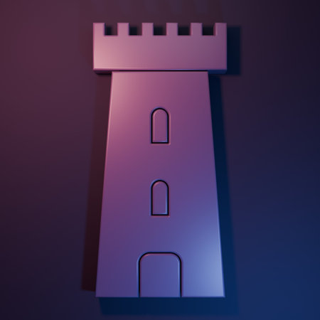 Purple Castle tower icon isolated on purple-blue background. Fortress sign. Minimalism concept. 3D render illustration.の写真素材