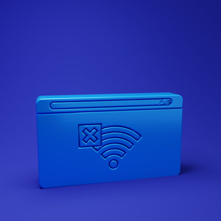 Blue No Internet connection icon isolated on blue background. No wireless wifi or sign for remote...