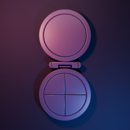 Purple Makeup powder with mirror icon isolated on purple-blue background. Minimalism concept. 3D render illustration.の写真素材