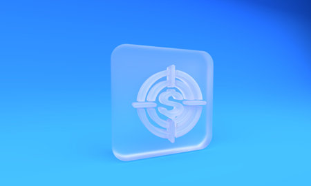Frosted glass Target with dollar symbol icon isolated on blue background. Investment target. Successful business concept. Cash or Money sign. Square frosted glass button. 3D render illustration.の写真素材