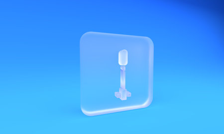 Frosted glass Torch flame icon isolated on blue background. Symbol fire hot, flame power, flaming and heat. Square frosted glass button. 3D render illustration.の写真素材