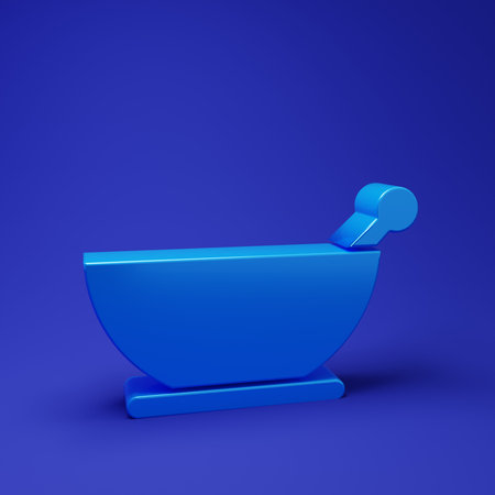 Blue Mortar and pestle icon isolated on blue background. Minimalism concept. 3D render illustration.の写真素材