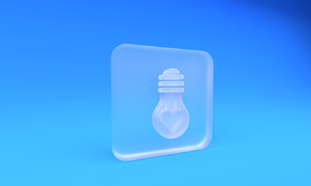 Frosted glass Heart shape in a light bulb icon isolated on blue background. Love symbol. Valentine day symbol. Square frosted glass button. 3D render illustration.の写真素材