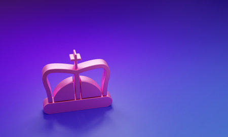 Pink King crown icon isolated on purple-blue background. Minimalism concept. 3D render illustration.の写真素材