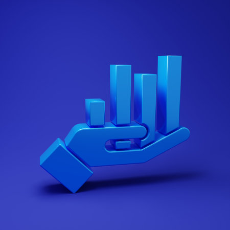 Blue Pie chart infographic icon isolated on blue background. Diagram chart sign. Minimalism concept. 3D render illustration.の写真素材