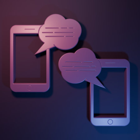 Purple New chat messages notification on phone icon isolated on purple-blue background. Smartphone chatting sms messages speech bubbles. Minimalism concept. 3D render illustration.の写真素材