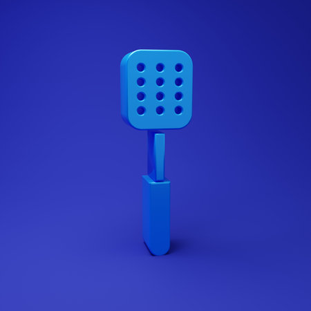 Blue Spatula icon isolated on blue background. Kitchen spatula icon. BBQ spatula sign. Barbecue and grill tool. Minimalism concept. 3D render illustration.の写真素材